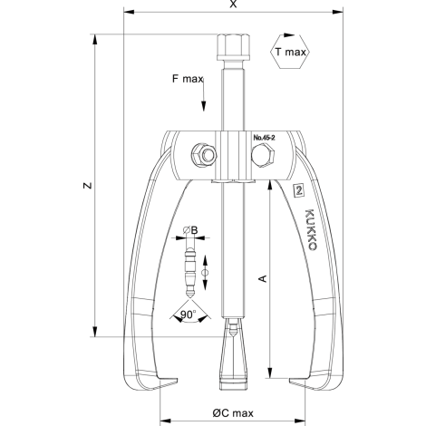 Poręczny, 3-ramienny ściągacz przemysłowy 160 x 160 mm z przenoszeniem siły i samocentrującymi się nogami ściągacza Kukko kod: 45-3 - 2